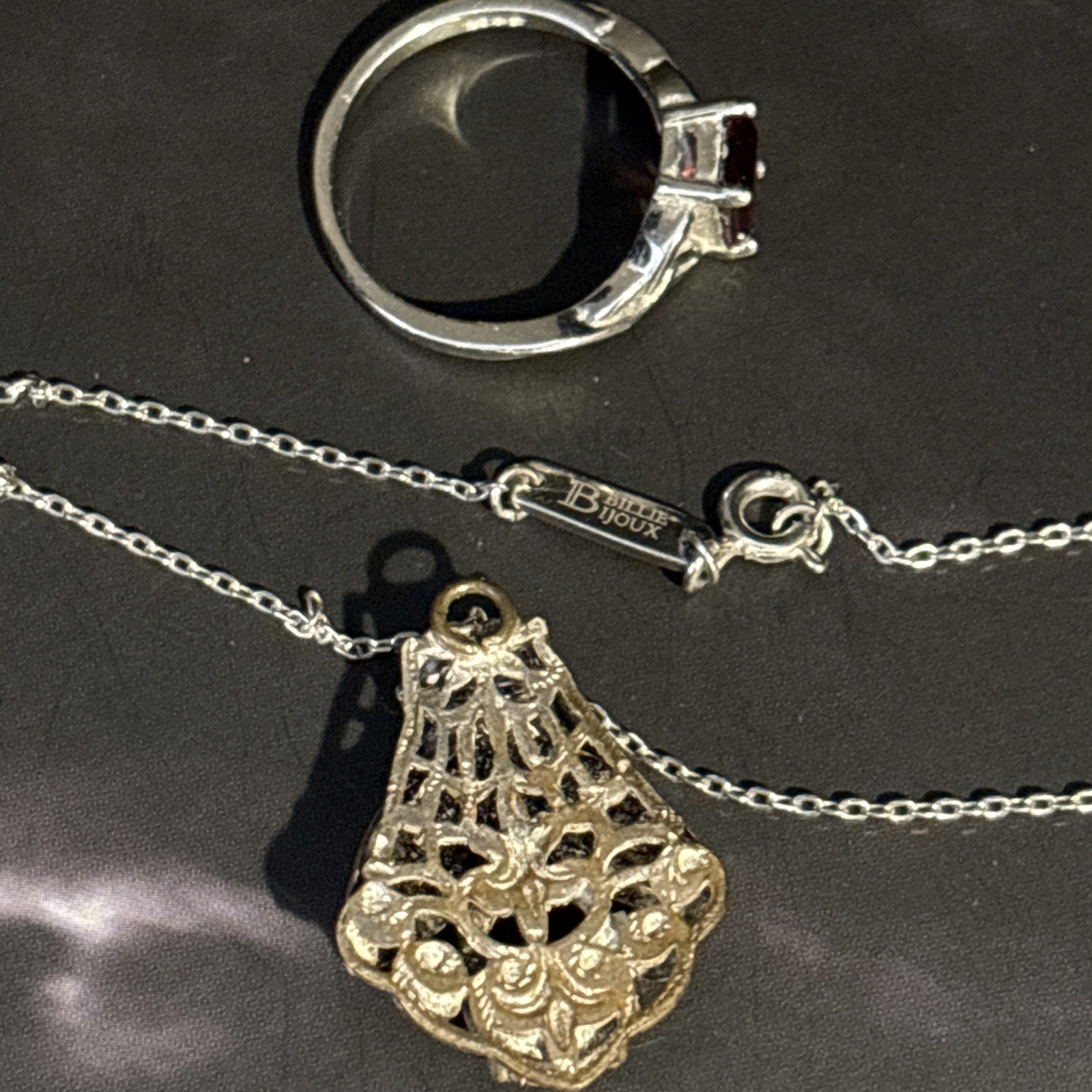925 Sterling vintage Billie Bijoux Leaf Garnet Necklace & Pairing Tri-knot Ring!