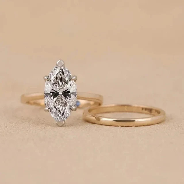 1.60 CTW Marquise Moissanite Bridal Sets Wedding Ring 14K Multi Tone Gold Plated
