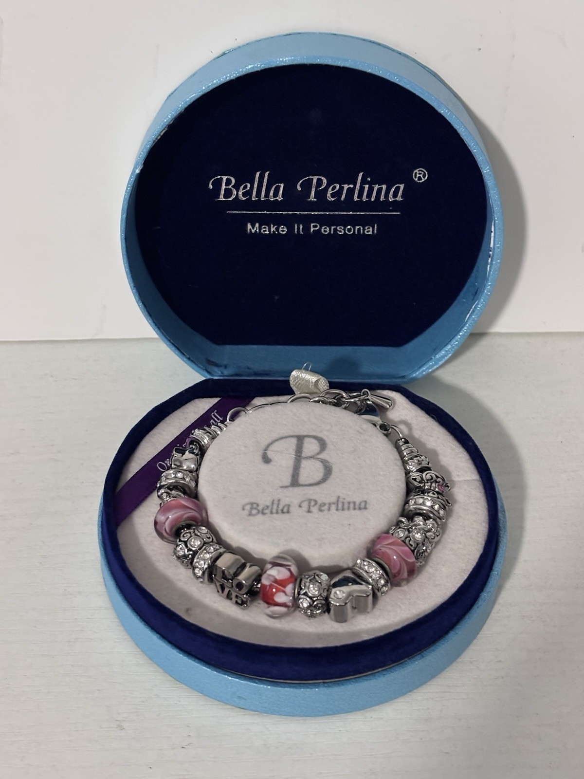 Bella Perlina Pink Beads Love Rhinestones Silver Adjustable Charm Bracelet
