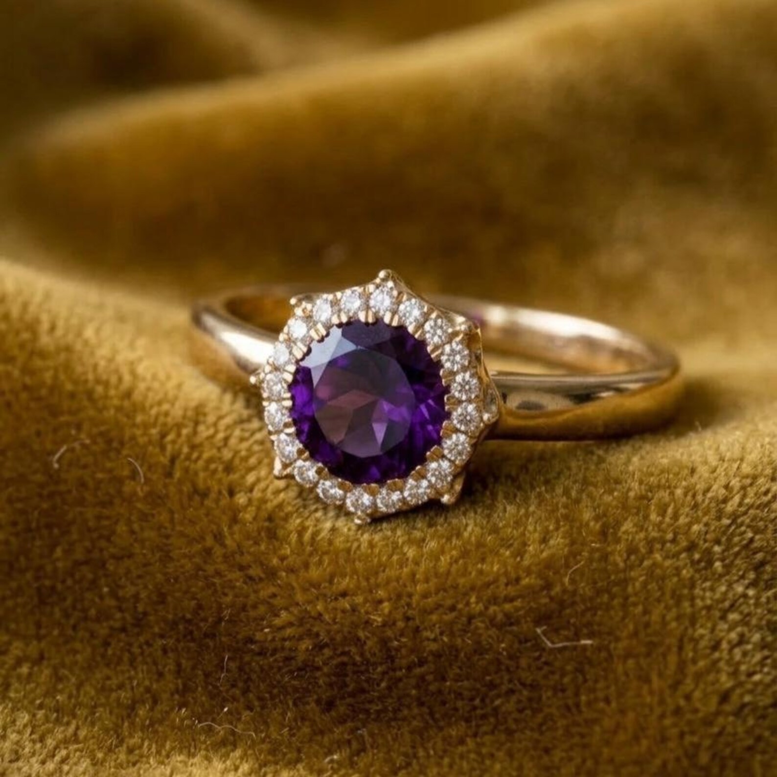 Women’s Round Cut Amethyst Halo Ring, 14K Yellow Gold Plated Promise Ring