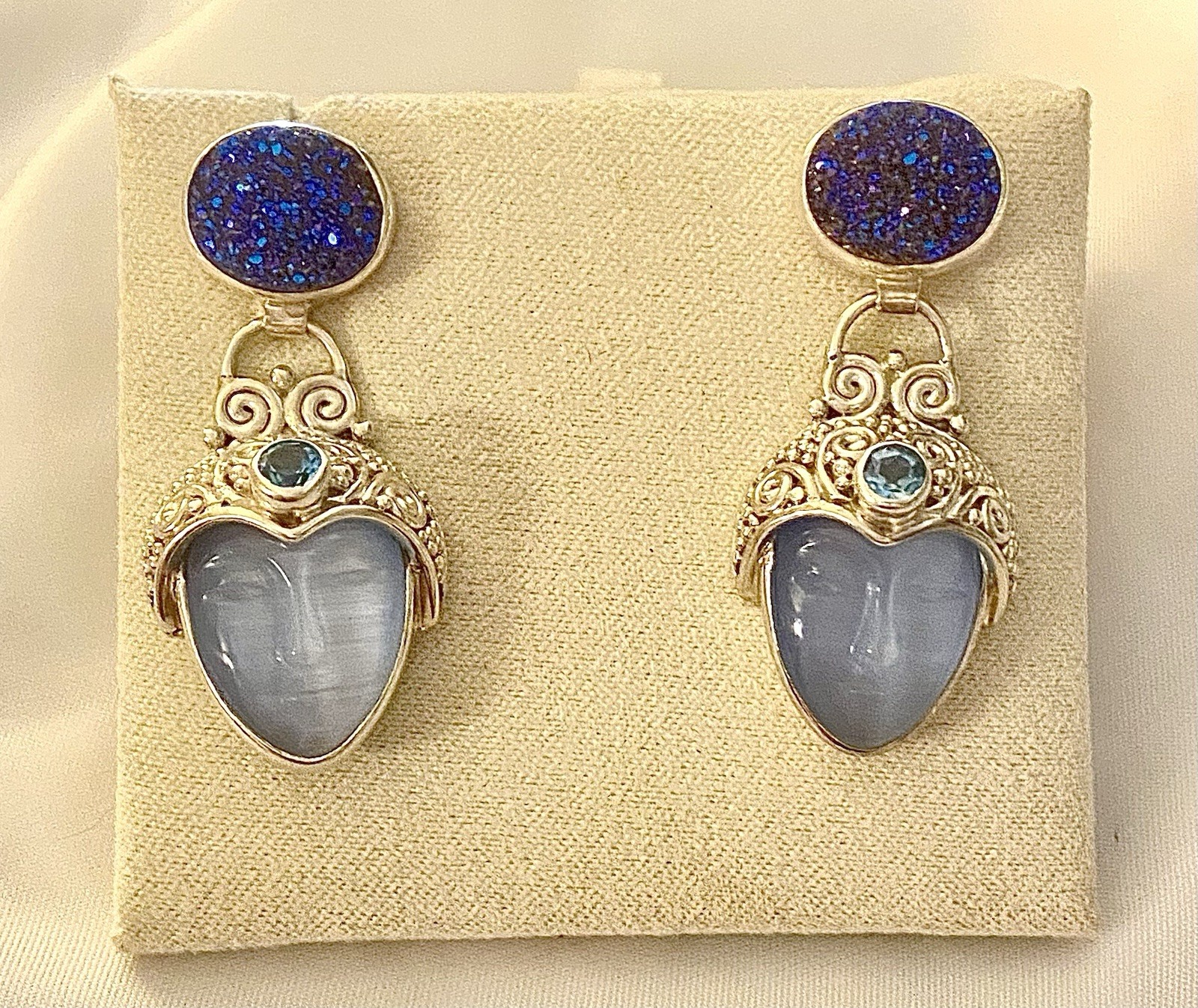 Vintage Sajen 925 Sterling Silver Carved Goddess Face Druzy, Topaz Earrings