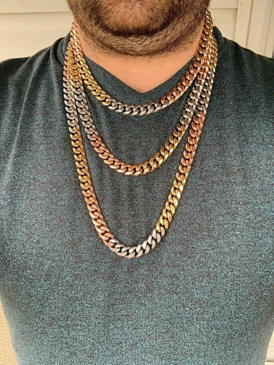 12mm Men’s Miami Cuban Link Chain 3 Tri Color Real Gold Plated Stainless 18-30″