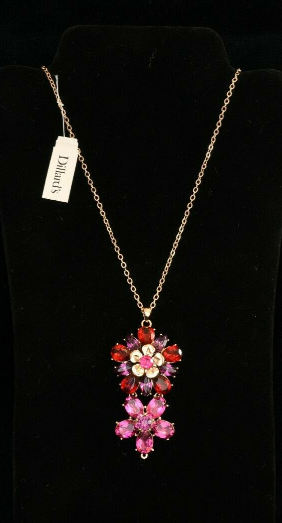 Dillards Red Purple and pink floral pendant w gold tone chain – new with tags