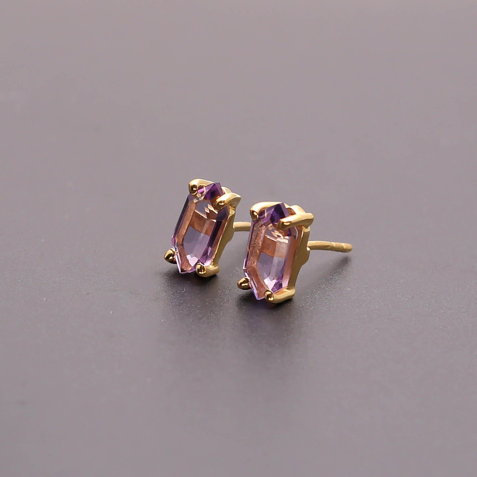 Natural Pink Amethyst Hexagon Stud Earring Gold Fill 925 Sterling Silver Jewelry