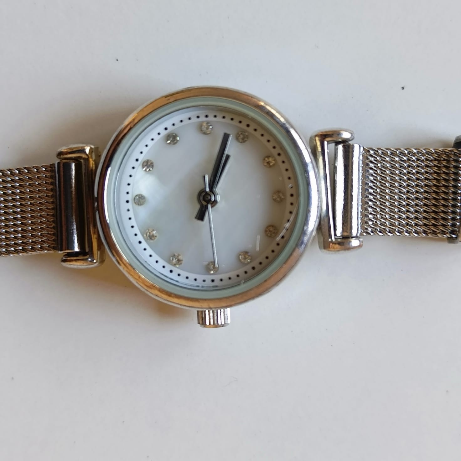 Accutime Women’s Silver Watch WAC8618KL Mother of Pearl Dial Rhinestones Mesh Ba