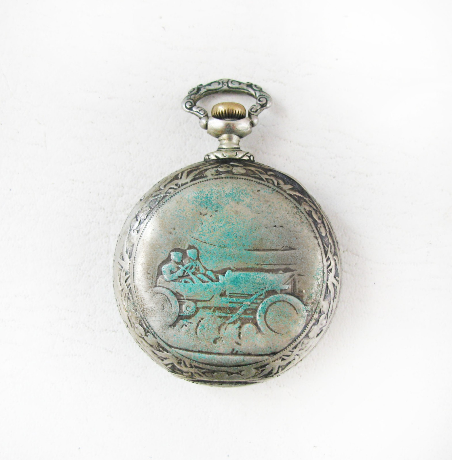 Vintage Elgin Nickle SIlver Automobile Race Car Pocket Watch