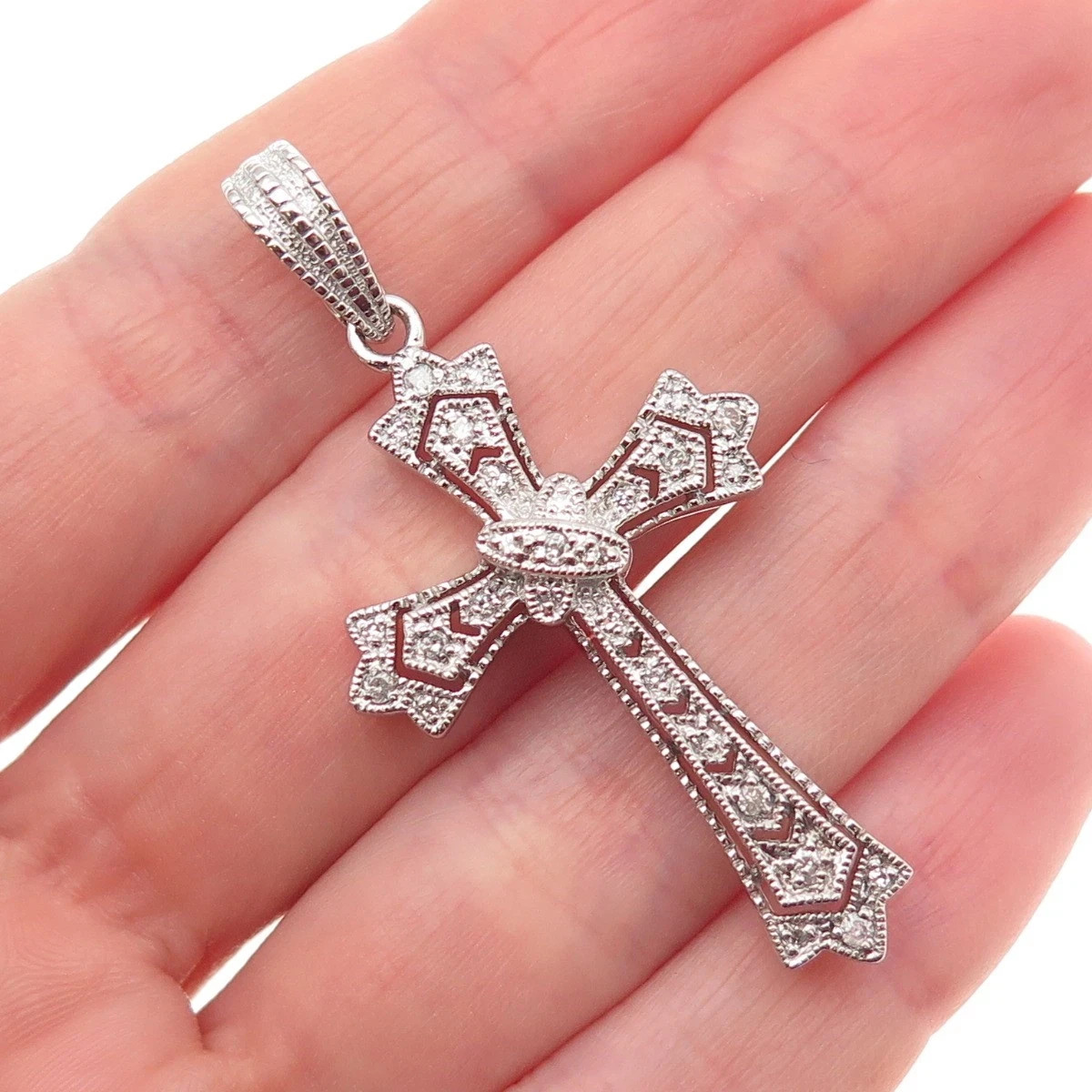 925 Silver-Tone Cross Pendant with Crystal Accents in White Gold Finished