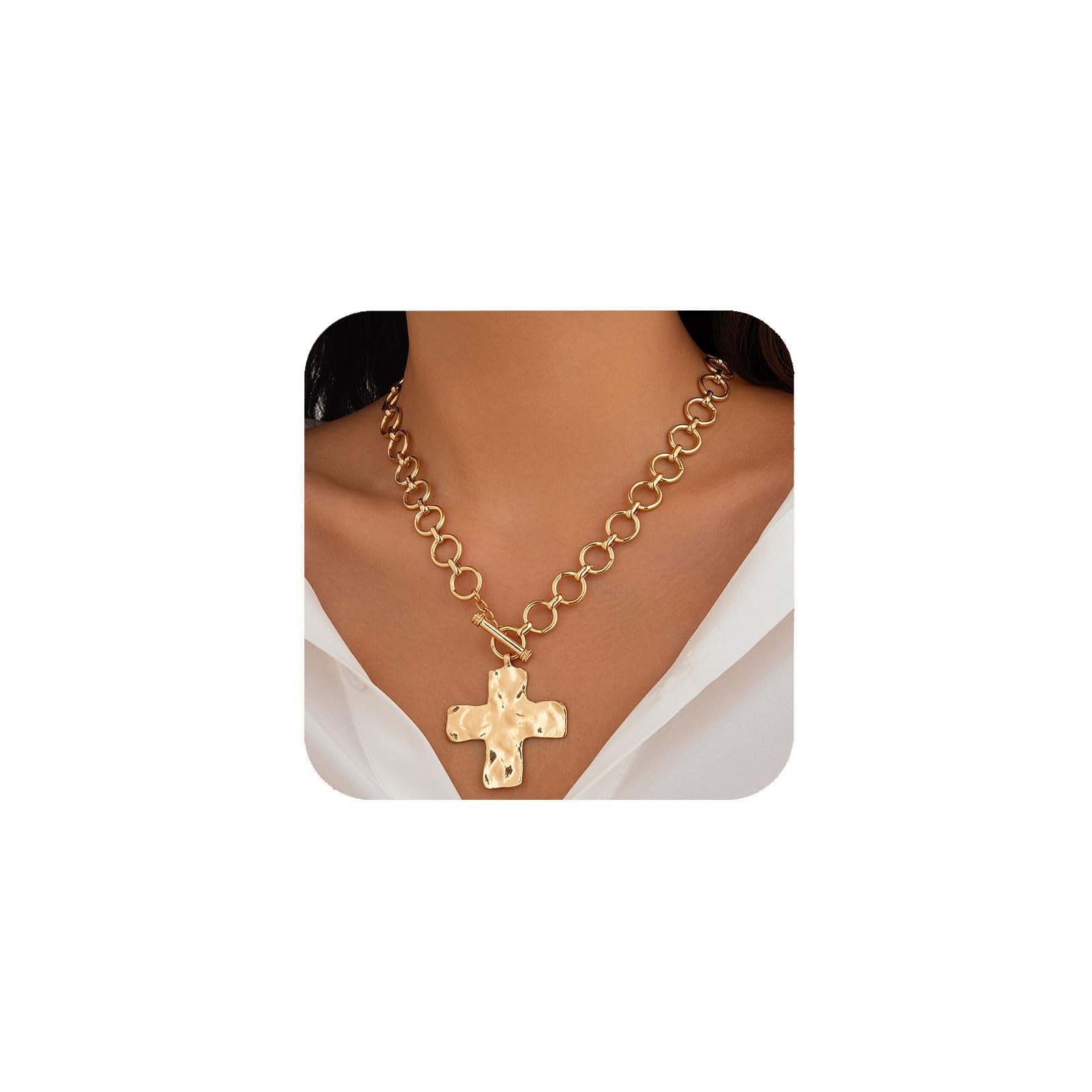 Red Yun En Chunky Gold Cross Necklace for Women Hammered moderate,
