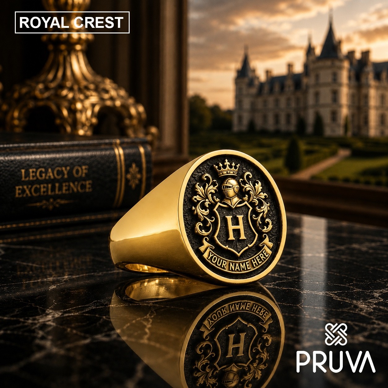 Custom Men’s Signet Ring Personalized 925 Sterling Silver PRUVA Royal Crest 018