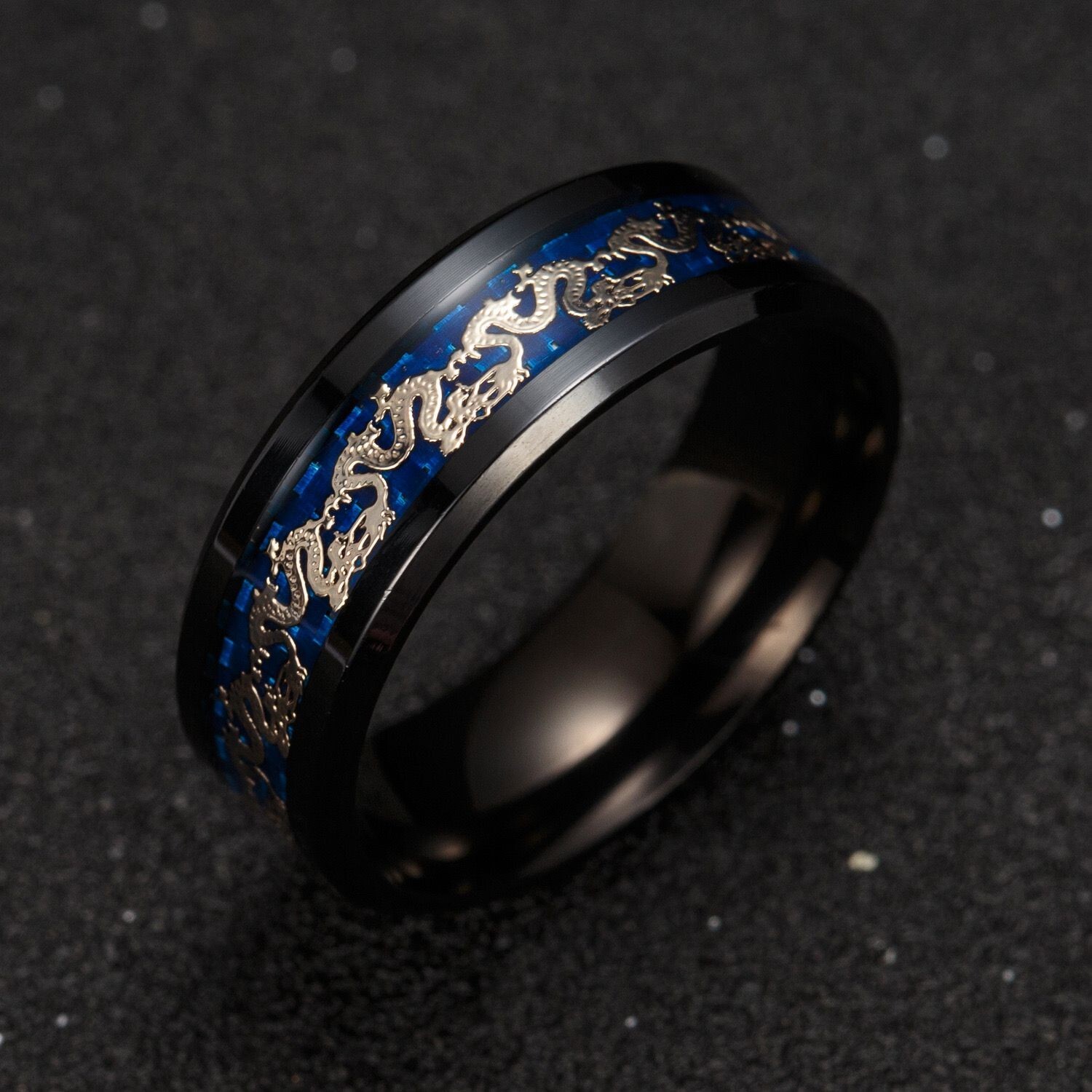 5 Colors 8MM Men Women Black Blue Red Silver Stainless Steel Dragon Band Ring