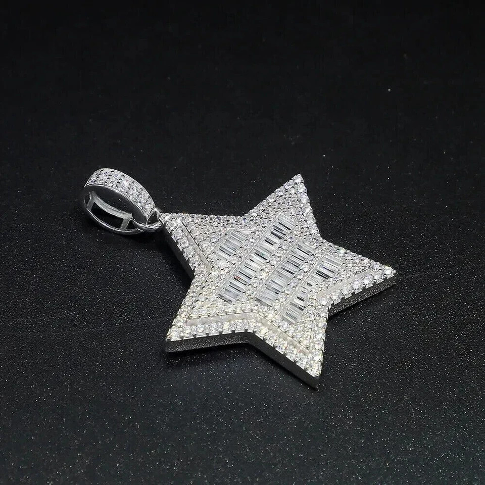 925 Sterling Silver Baguette Cut Moissanite Star Pendant 14k White Gold Plated