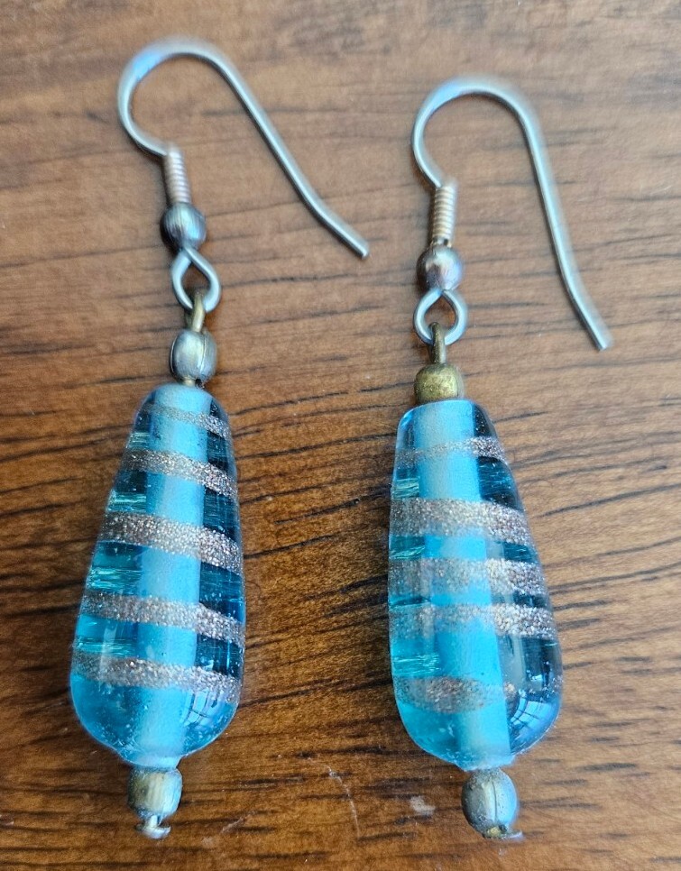 Glass Earrings Teardrop Blue Gold Swirl Pear Shaped Stainless French Hook Drop