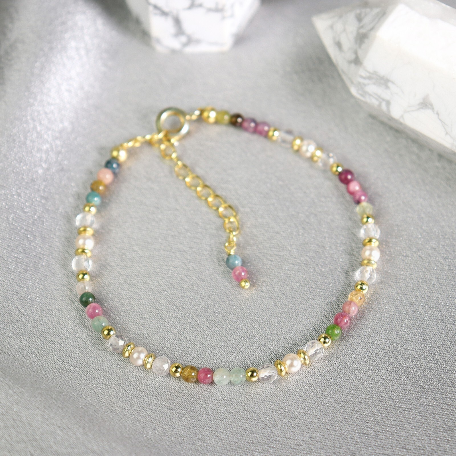 Pearl & Rainbow Tourmaline Beads Healing Crystal Gemstone Elegant Women Bracelet
