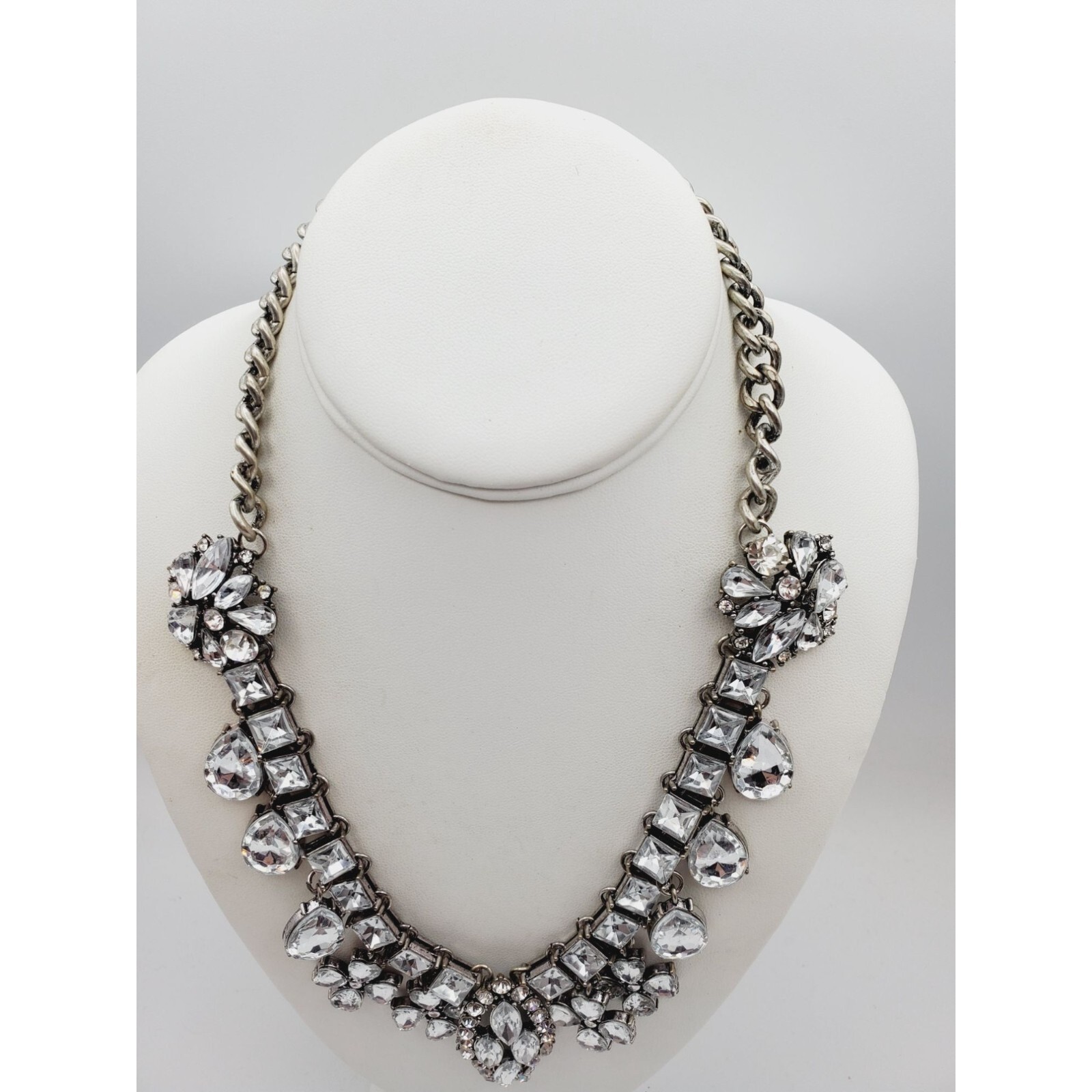 Statement silver tone Rhinestone flower square tear drop pear Necklace 18″