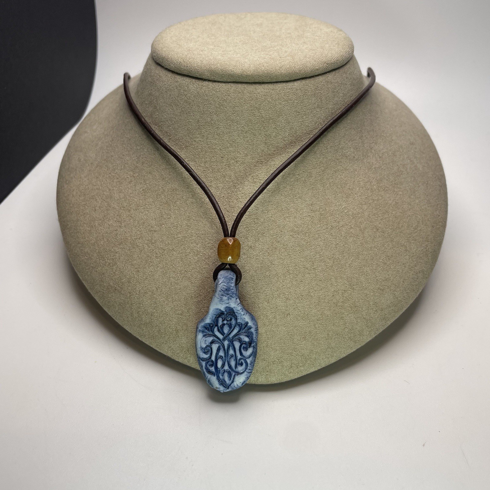 Vtg Handmade Ceramic Charm Leather Cord Necklace Stone Bead Scroll Print 24”