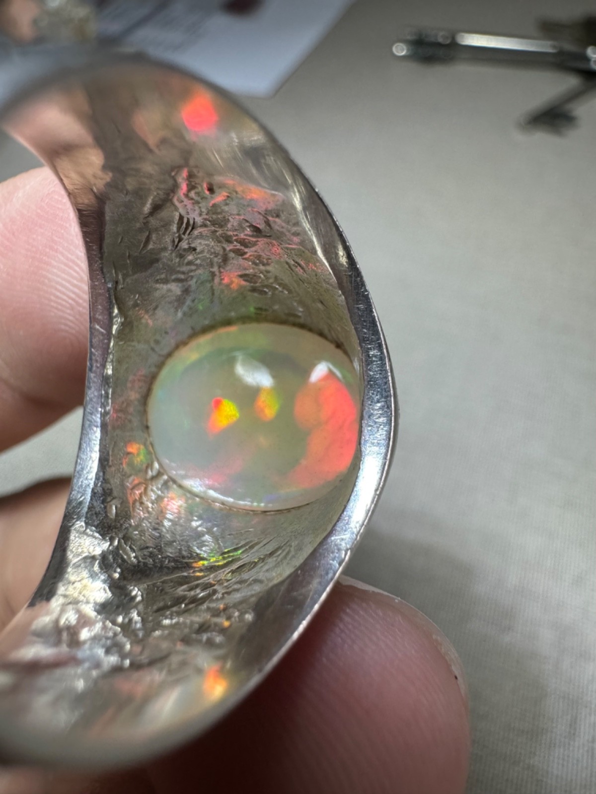 6.90 carats Natural Ethiopian White Opal Handmade Size 11.5 Silver Ring for Male