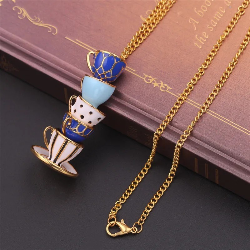 Tea Cup Necklace Gold Chain Enamel WHIMSICAL Stacked Teacups Blue Jewelry