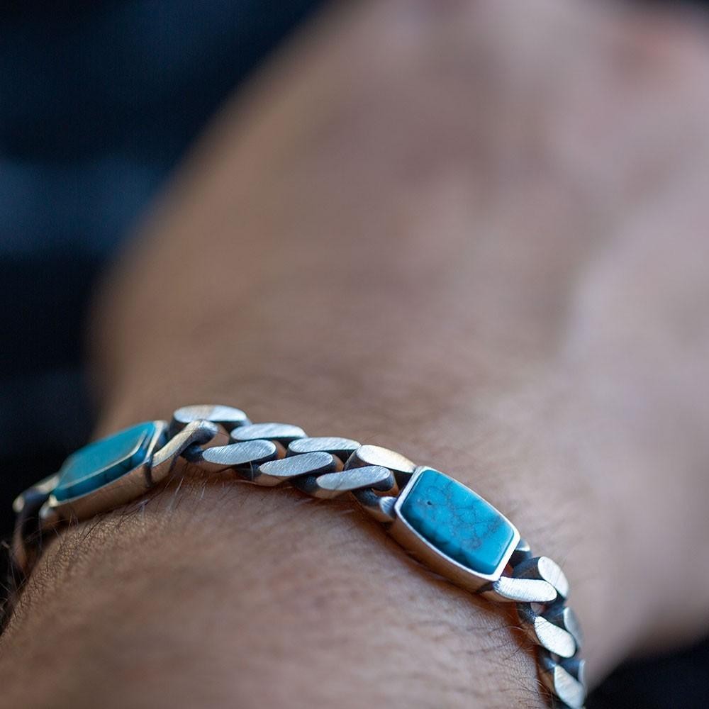 Men’s Turquoise Gemstone 925 Sterling Silver 10mm Curb Chain Link Bracelet