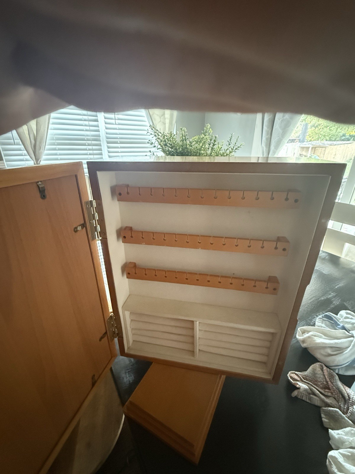 Vintage Wall Mounted Wood Jewelry Cabinet w/ Hooks, Photo Front, 25+ Pieces