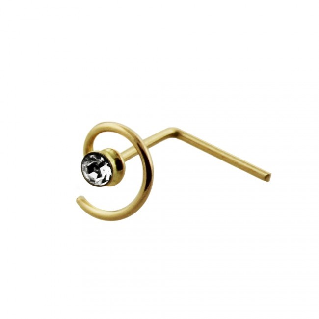1x 22g 9K Solid Yellow Gold Spiral Coil CZ Gem L Shape Nose Ring Pin Bar 9KNS022