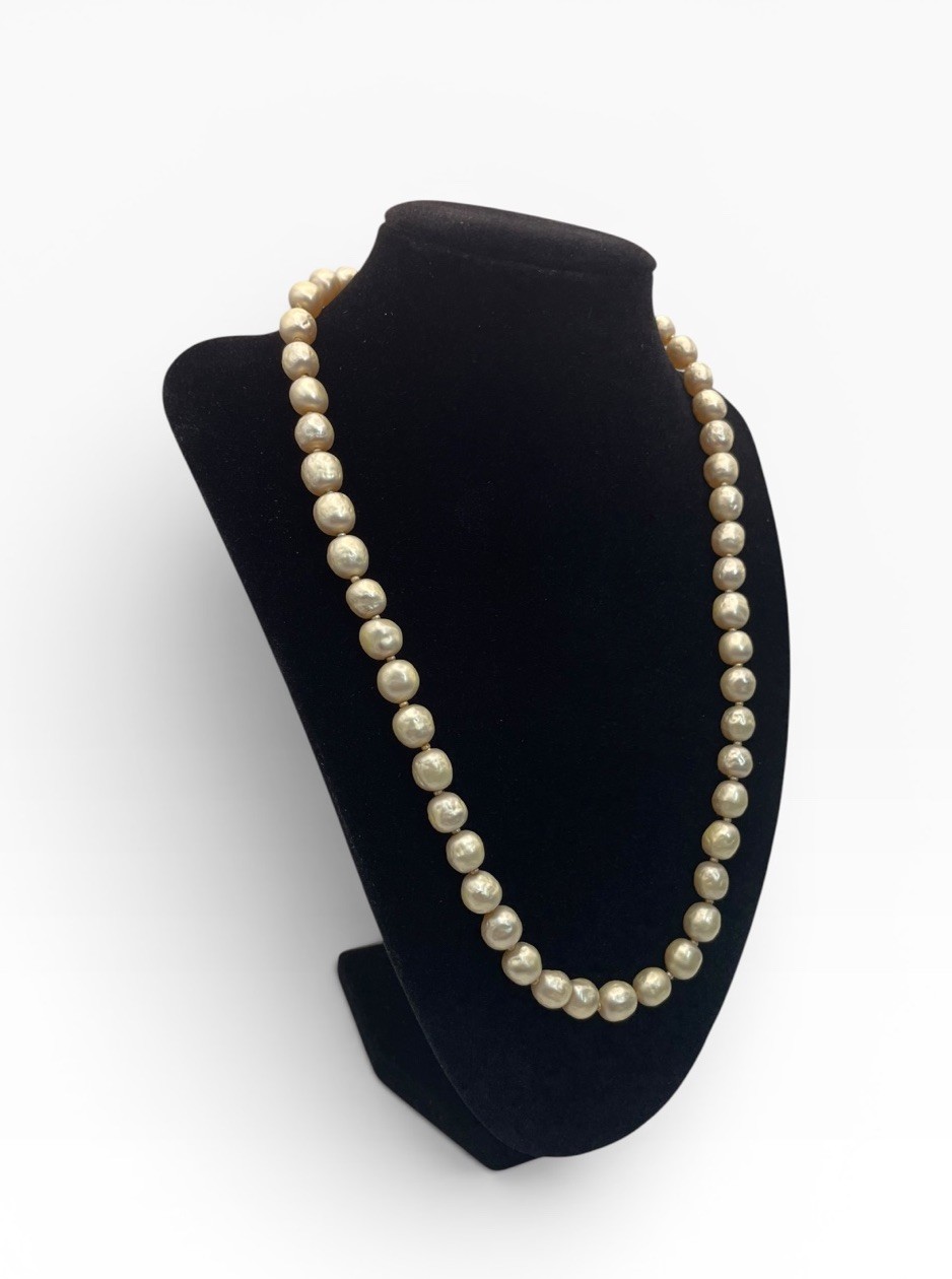 Vintage Judith McCann NY Shuvon Faux Pearl Necklace Signed Rhinestone Clasp