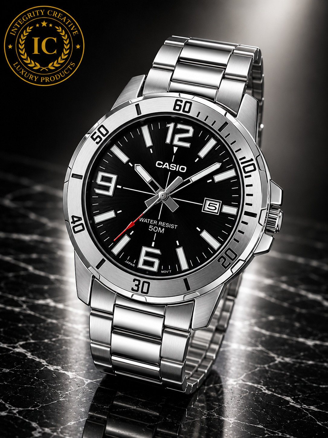 Mens Casio Stainless Steel Black Dial Casual Analog Sporty Watch Silver Bracelet