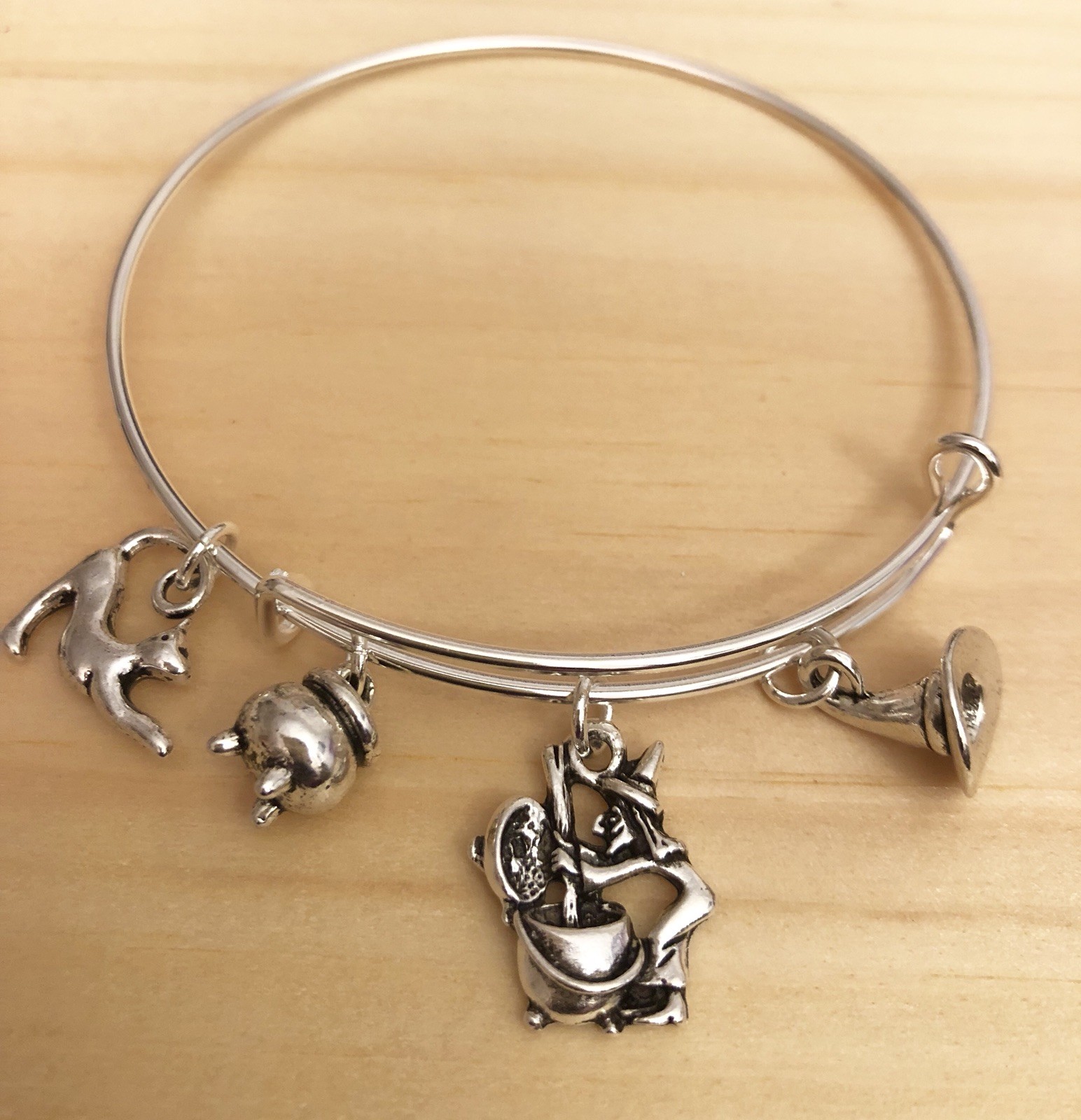 Halloween Witch & Brew & Cat Silver charm Expandable Bangle Bracelet