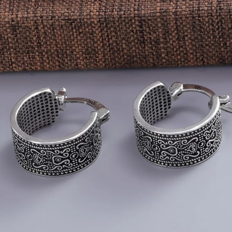925 Sterling Silver Texture Flower Earrings For Women Gothic Trendy Simple Retro