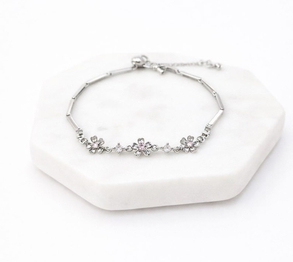 Pink Crystal Flower Tennis Bracelet 925 Sterling Silver Dainty Girly +FREE GIFT