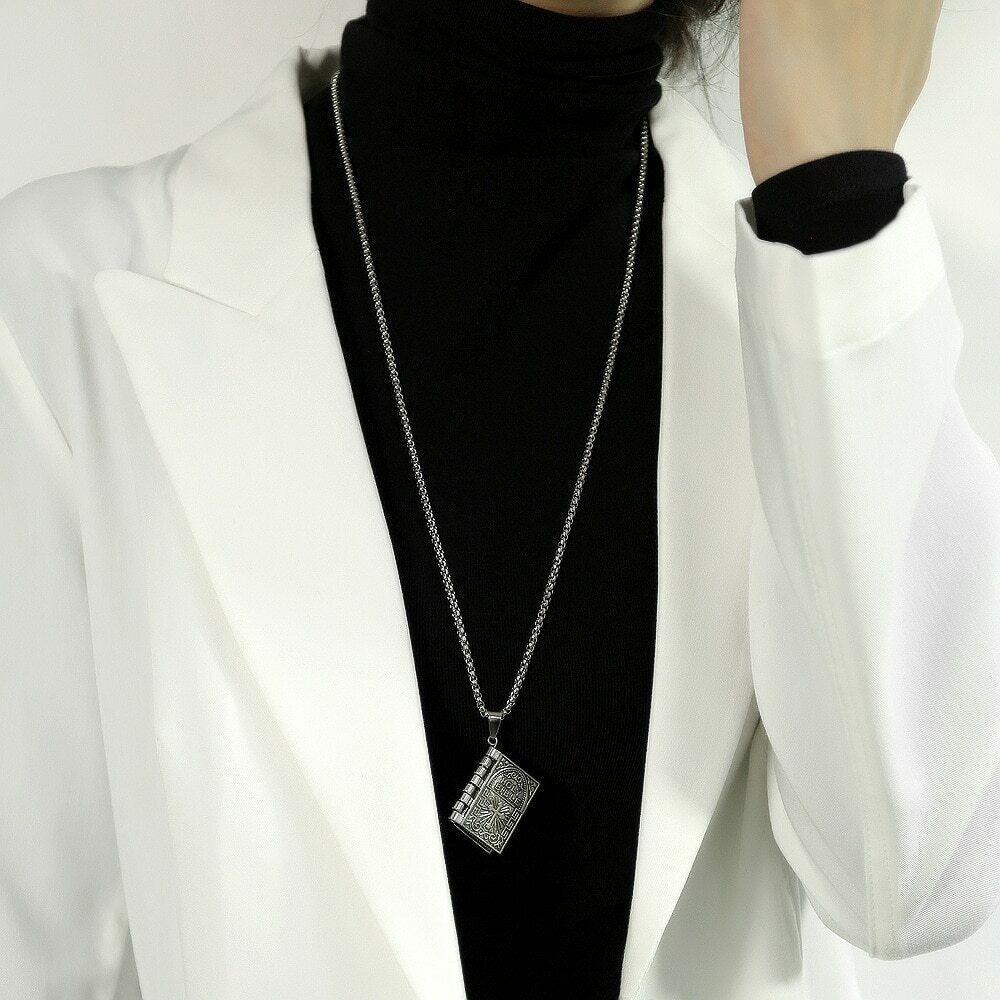 2PCS Lord’s Prayer Holy Bible Open Pages Locket Pendant Necklace 925 Silver USA