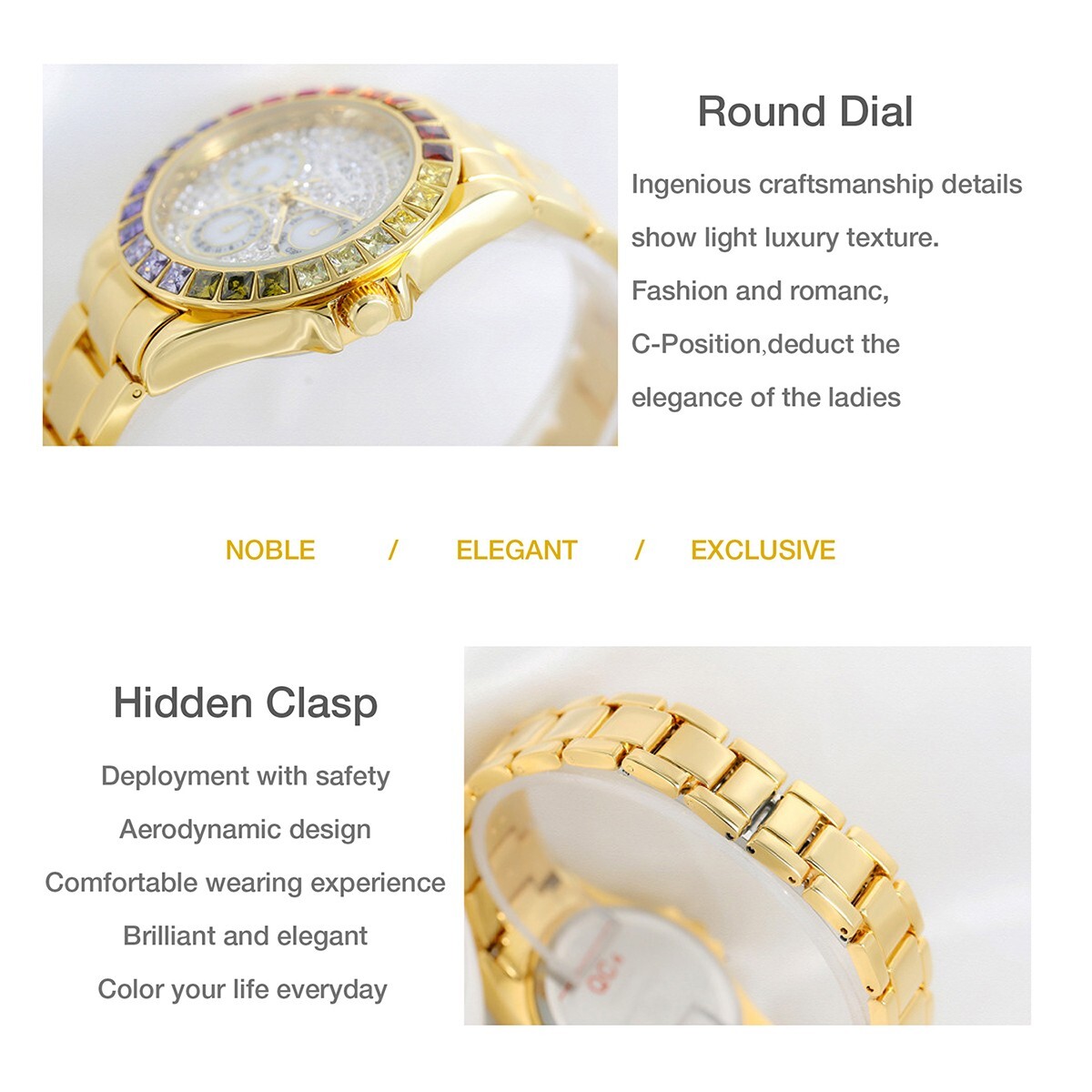 Rainbow Crystal Bezel Women Watch Gold Tone Colored Gems Women’s Wrist Watch