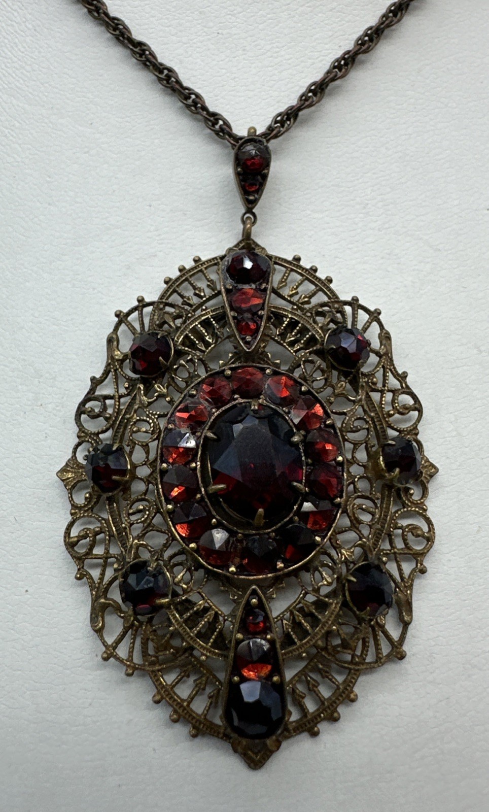 Vintage Antique Bohemian Czech Glass Or Garnet Pendant Necklace 17” Lovely!