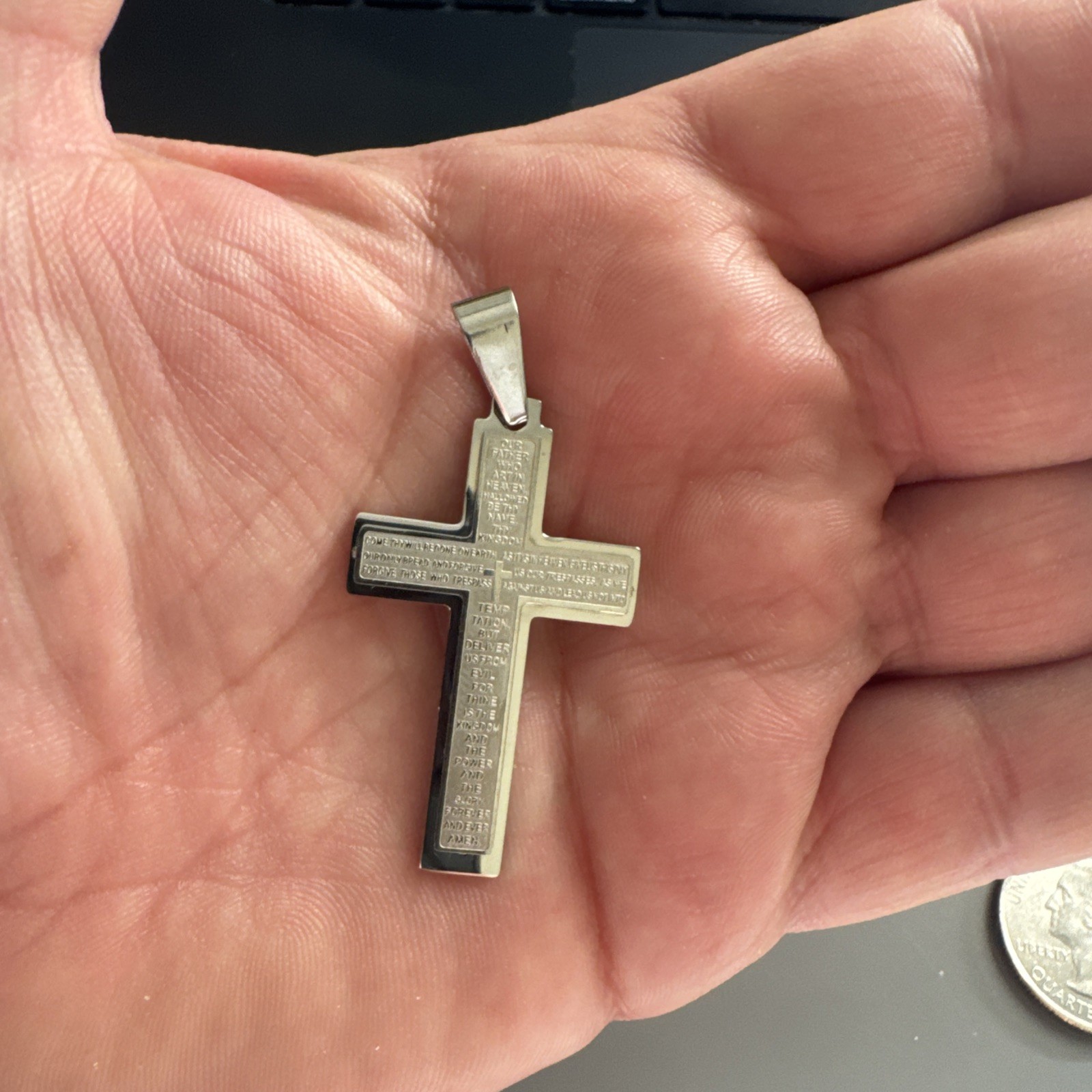 Cross Pendant Scripture Stainless Steel Silver Tone 24” Chain Faith Jesus Gift