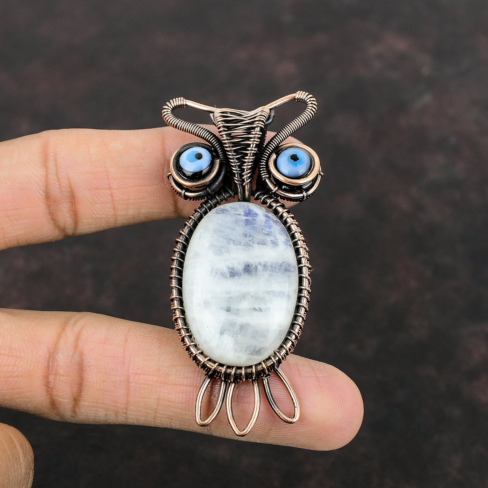 Rainbow Moonstone Wire Wrapped Owl Pendant Handcrafted Copper Ethnic 2.76″