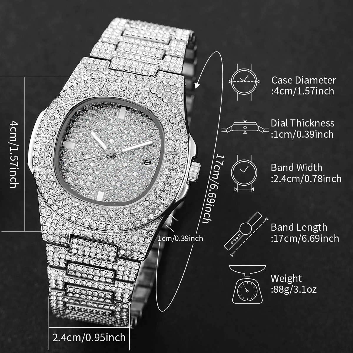 Luxury Full Diamond Mens Watch Quartz Calendar Sports Bling Wristwatch