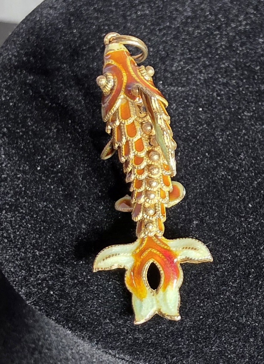 VINTAGE 925 STERLING SILVER ARTICULATED KOI FISH PENDANT ORANGE ENAMEL CLOISONNE