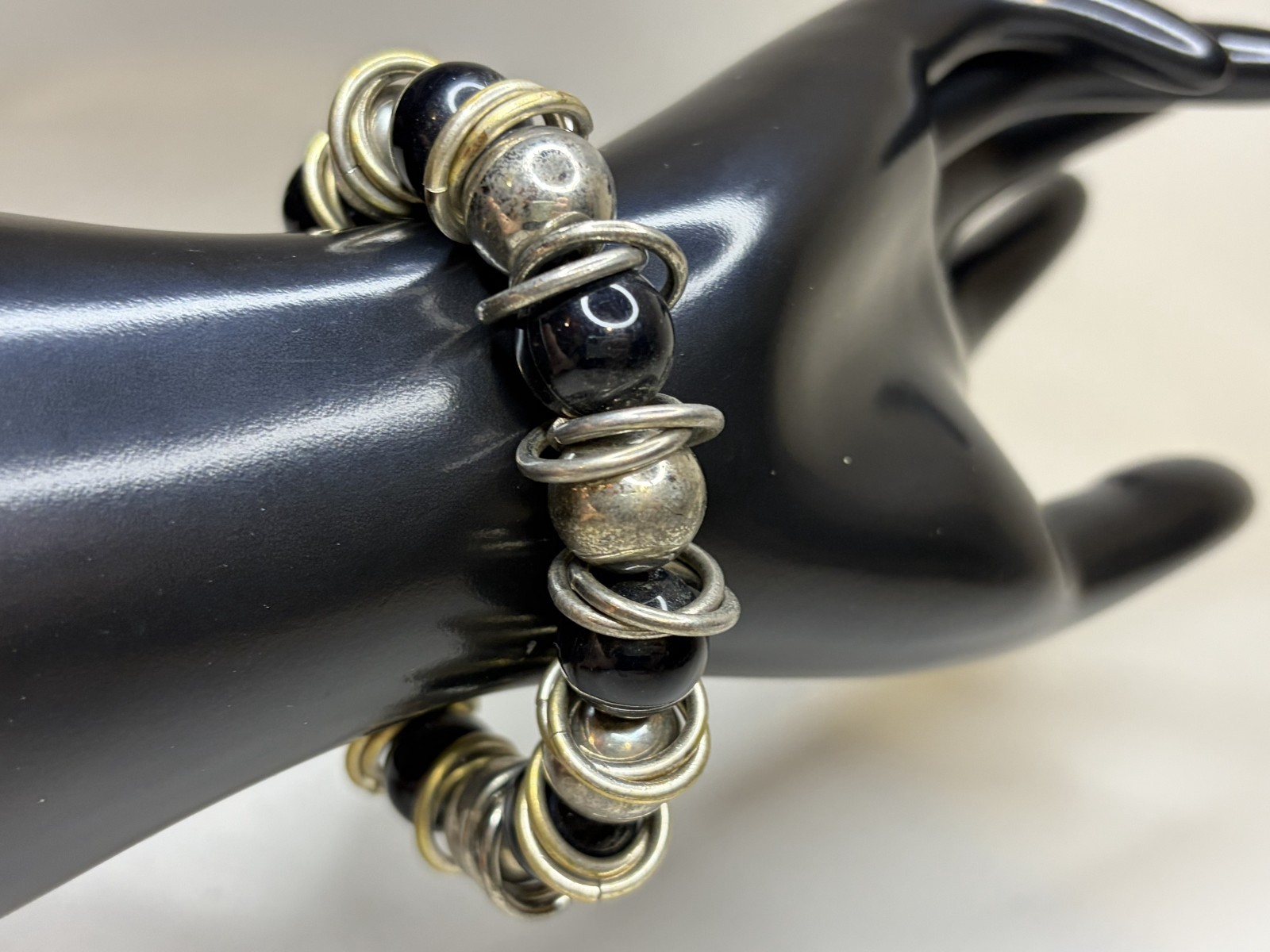 Vintage Mixed Metal Toggle Bracelet Chunky Silver Brass Jump Ring Black Beads