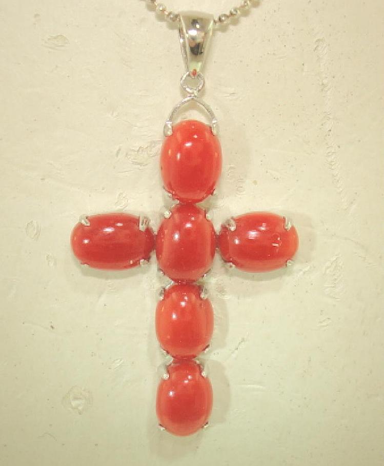 22.5MM SOLID 14K WHITE GOLD 6.18CTS ITALIAN RED CORAL OVAL BEAD CROSS PENDANT