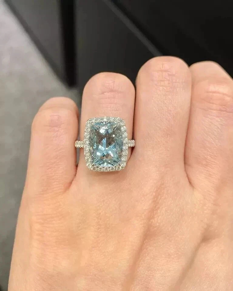5.20 Ct Cushion Cut Natural Aquamarine &Diamond Real 14K White Gold Luxury Ring