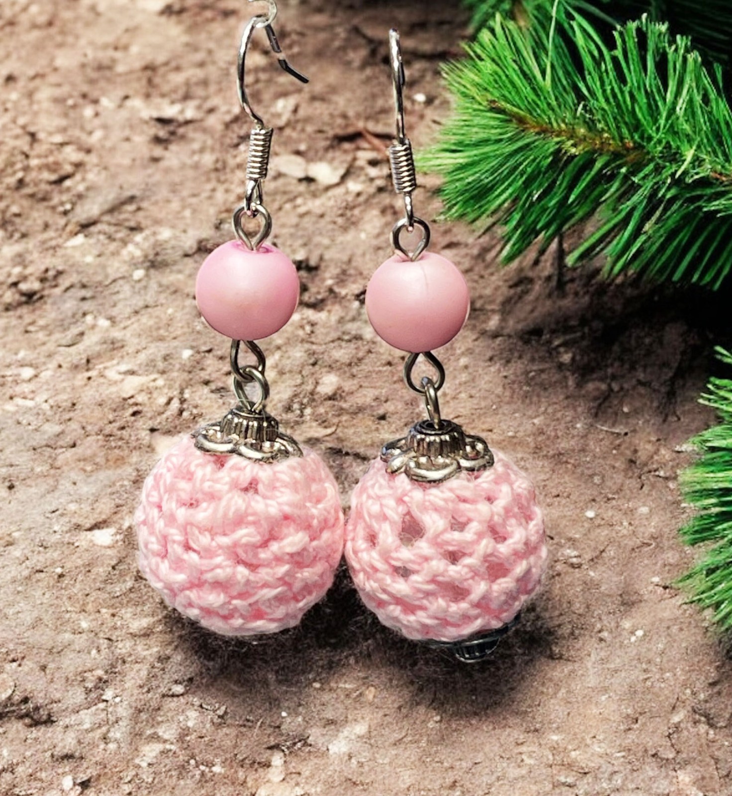 Crocheted Bead with Glass Earrings Handmade Dangle Jewelry FREE SHIPPING