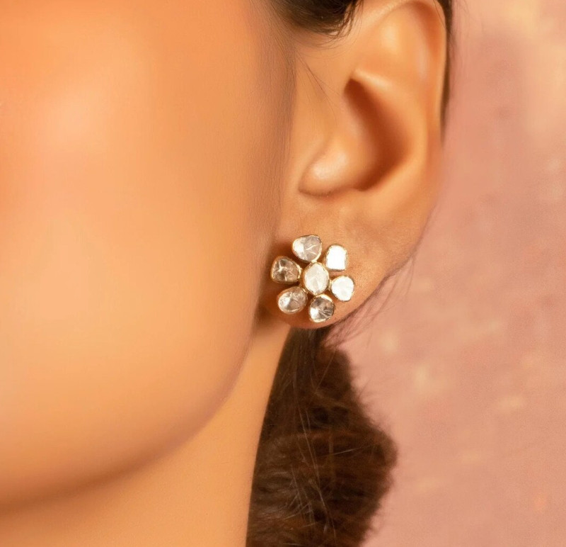 Rose Cut Polki Stud Earrings Gold Filling Diamond Studs 925 Silver Earrings Gift