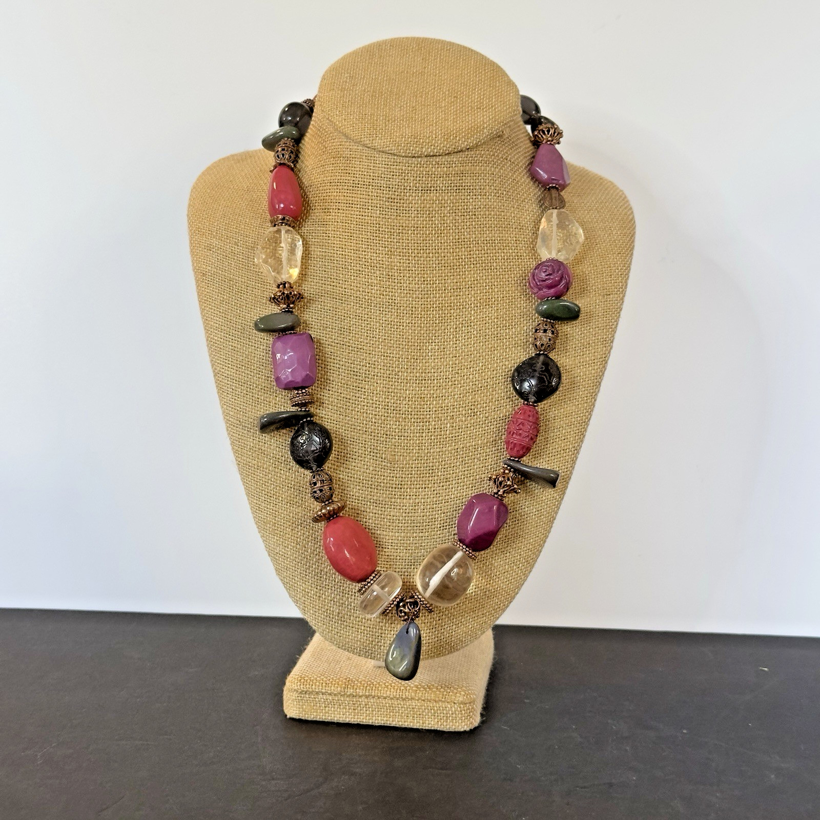 Chunky Statement Beaded Necklace Pink Purples Clear Multi Shape Acrylic Smooth