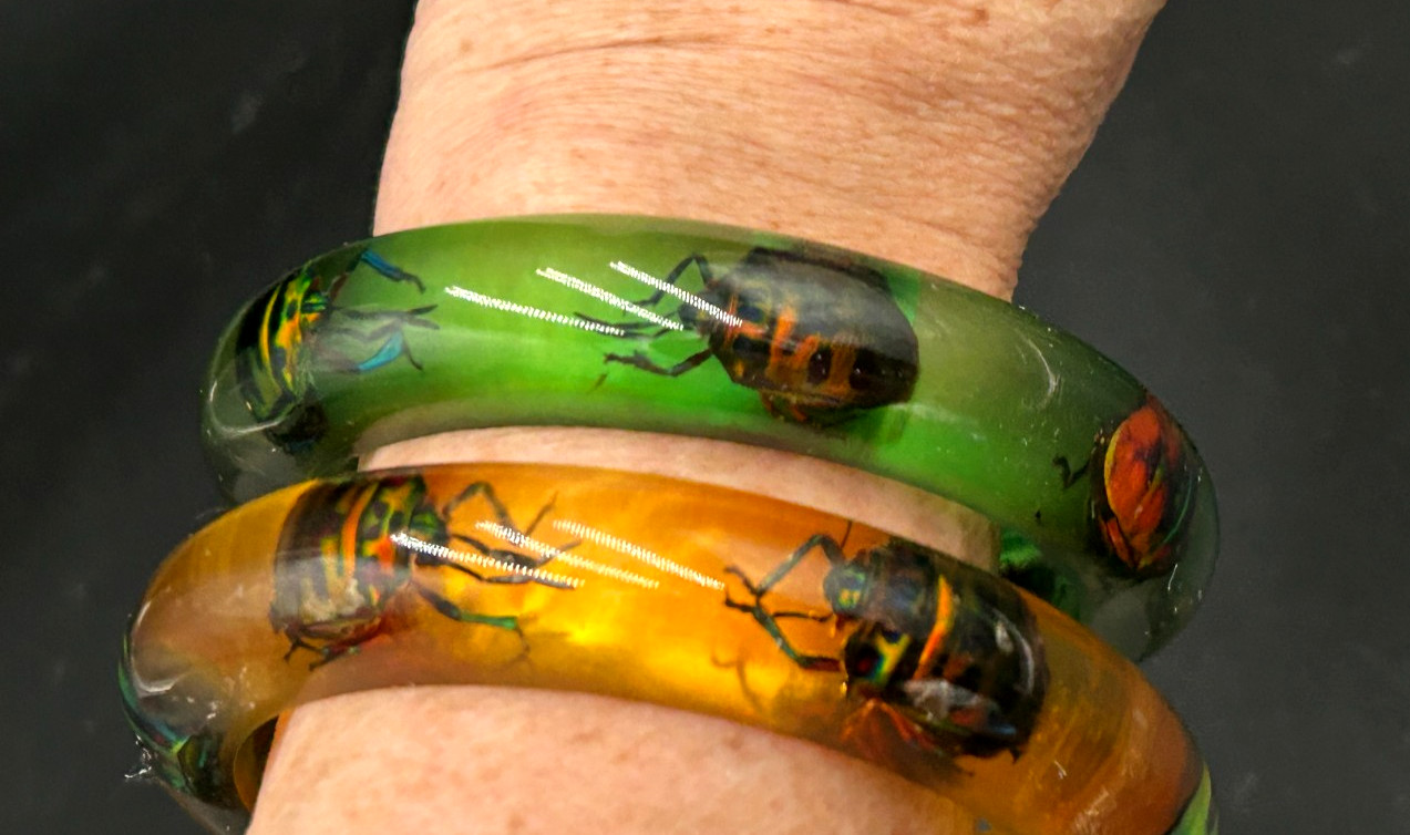 2 Vintage Resin Lucite Jewel Bettle Bangle Bracelets from Philippines Green Yell