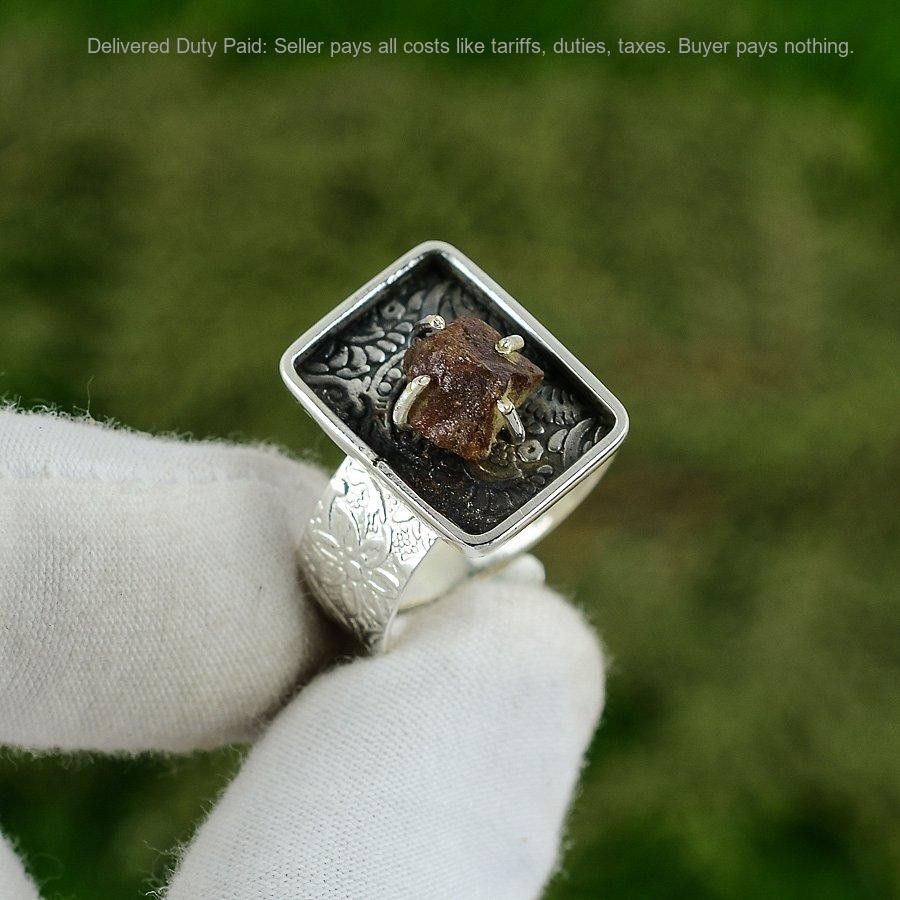 925 Sterling Silver Pentagon Smoky Quartz Rough Stone Statement New Ring Jewelry
