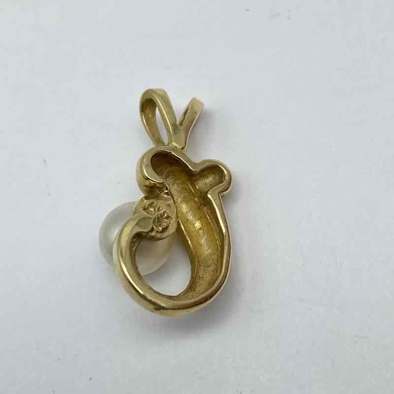 14K Yellow Gold 5.4mm Cultured White Pearl Swirl Pendant Modernist 1.8g