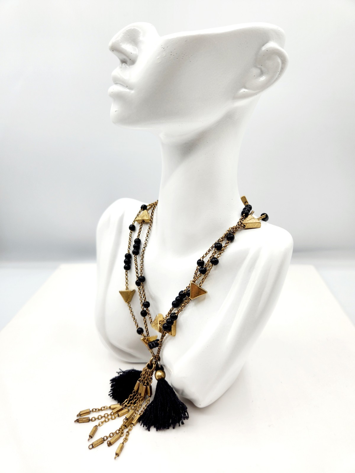 “J.Crew Black Beaded Tassel Necklace Gold Tone Triangle Stations Boho Long 32”