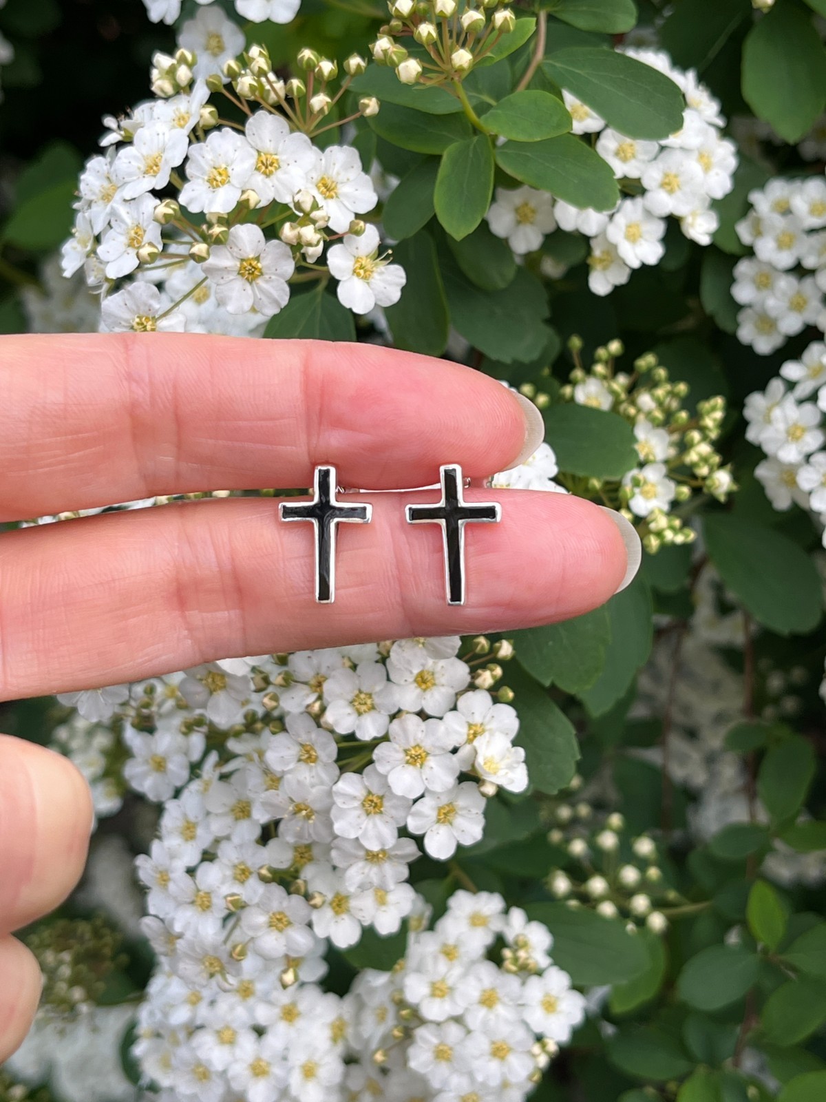 925 Sterling Silver Black Agate Long Cross Stud Earrings Men Women 14.5mm/0.57″