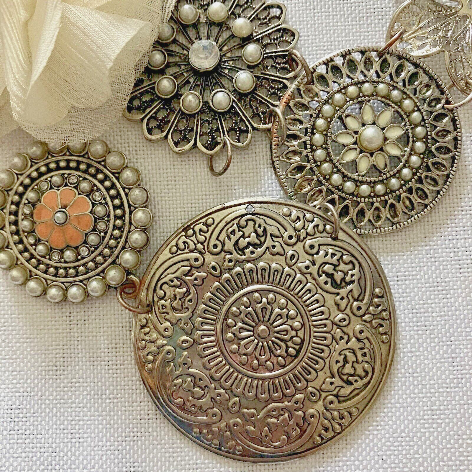Vintage Costume Necklace Ivory Fabric Flower Silver Colored Pendants Jewelry