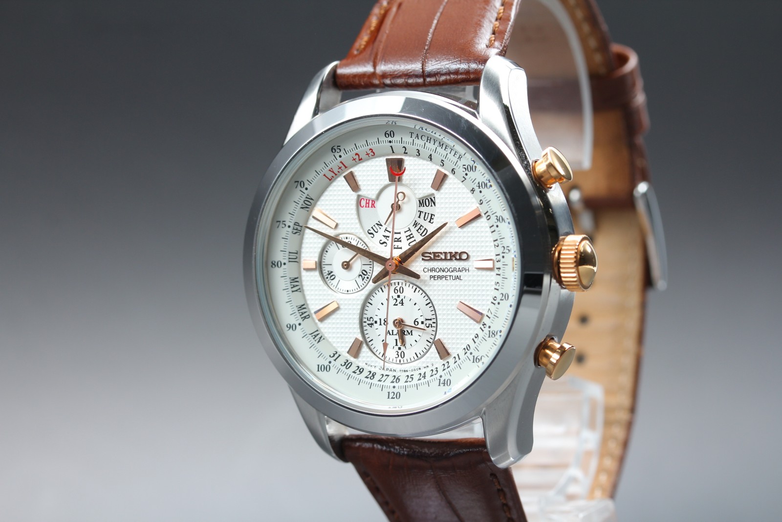 SEIKO Chrono 7T86-0AC0 Perpetual Calendar White Dial Qz Men’s Watch [Near MINT]