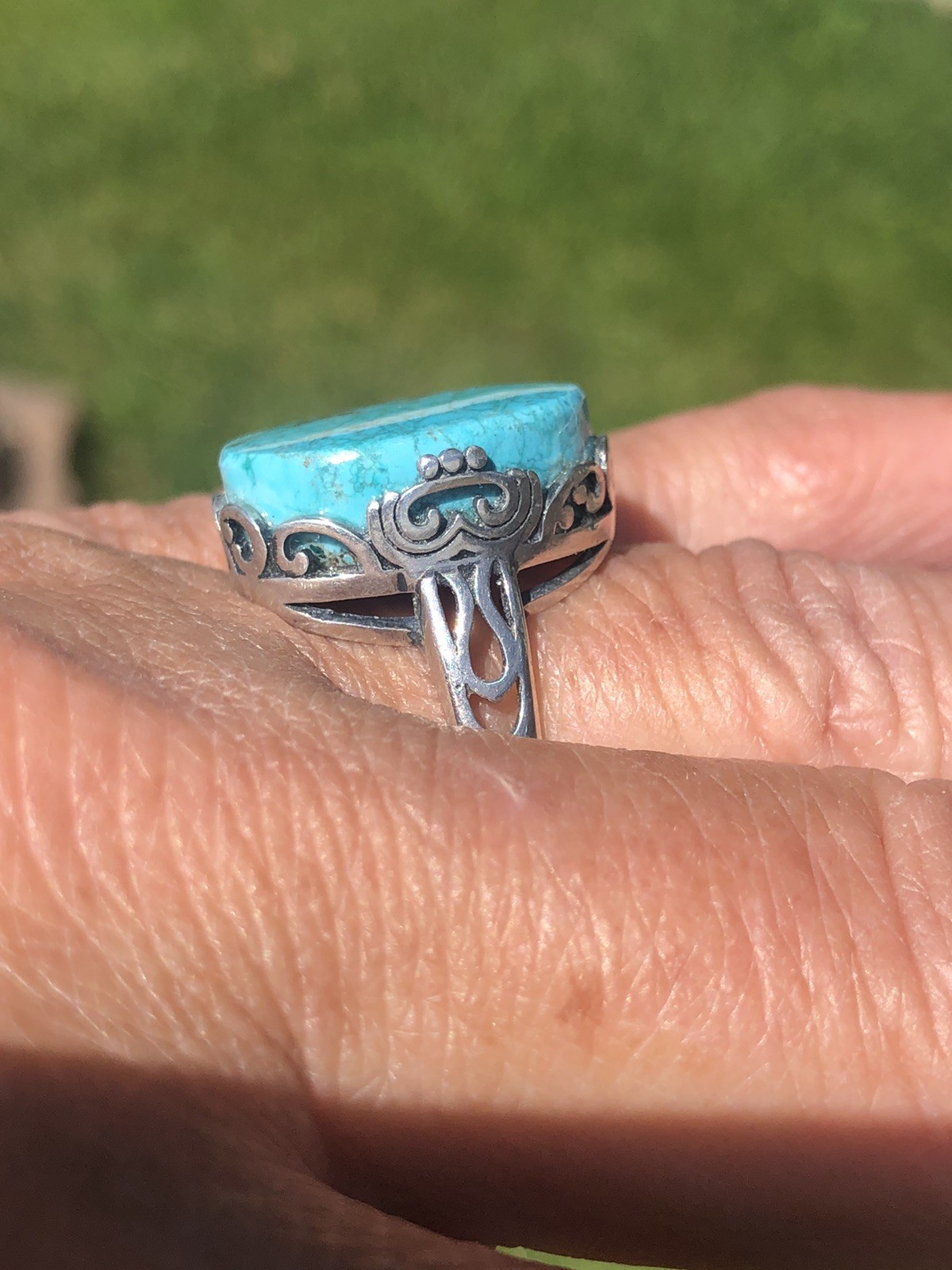 .925 Sterling Silver & Turquoise Handmade Ring 34 Carat GIE Cert. Adjustable